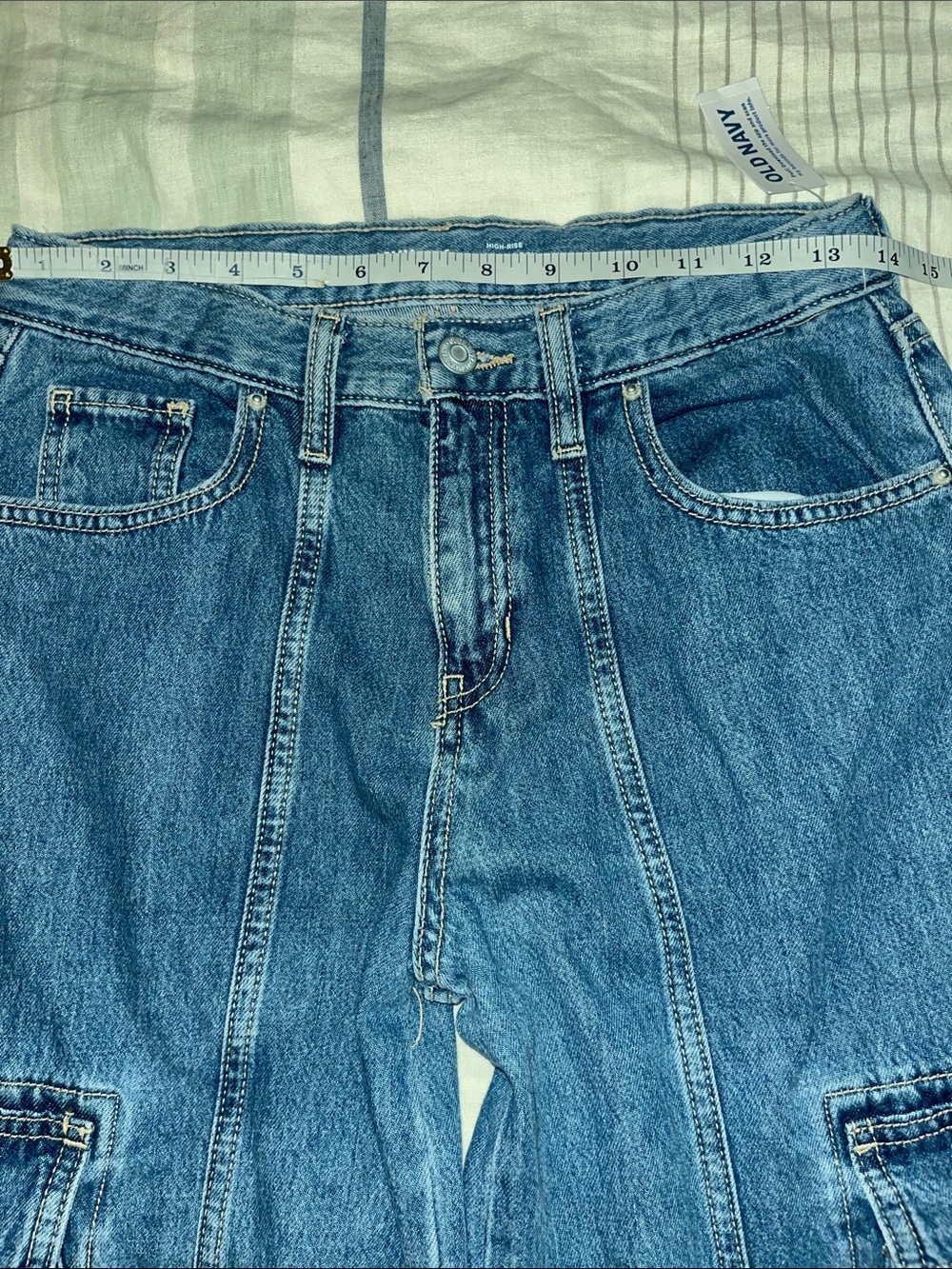 Old Navy High Rise Super Baggy Wide Leg Cargo Blue Denim Jeans Girls Size 16 - Picture 7 of 10